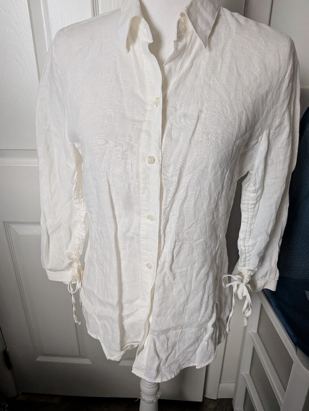 Foxcroft Fitted 100% Linen Top 6 S Princess Seams Tie Sleeves